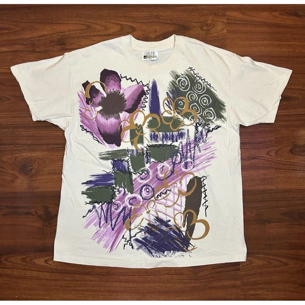 VTG 90s Jacques Moret Art T Shirt Men’s Size XL Ivory White AOP Single Stitch